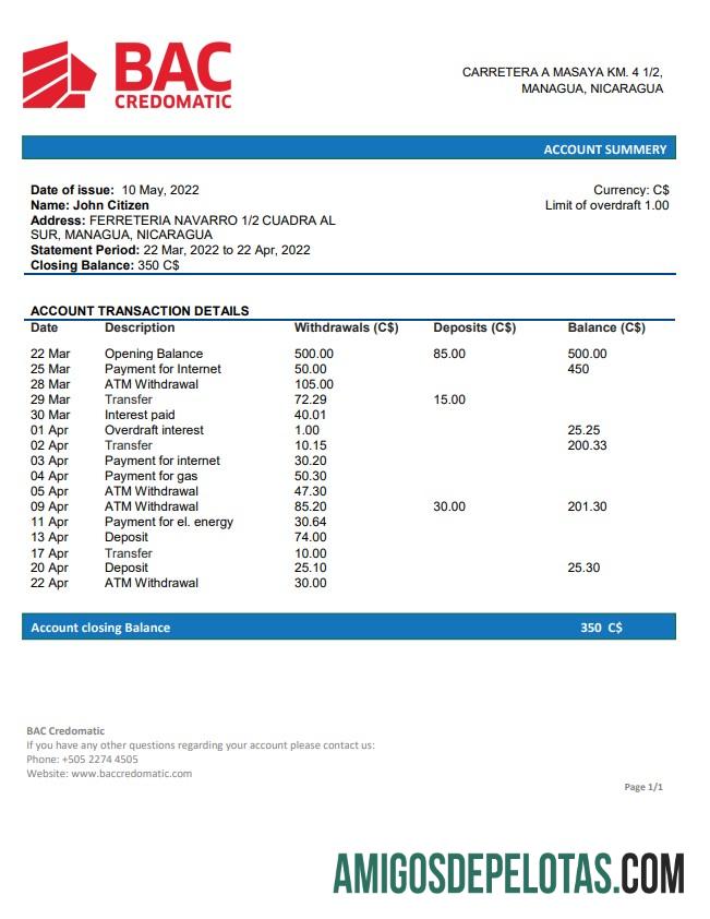 Nicaragua BAC Credomatic modelo de extrato bancário